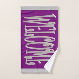 Welcome guest design colours grey purple hand towel