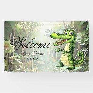 Welcome Happy Cute Wild Crocodile Jungle Trees Banner