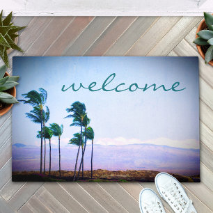 "Welcome" Hawaii Palm Trees and Purple Hills Photo Doormat