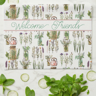 Welcome Herbs and Teapots Kitchen Dish Towel