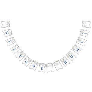 Welcome Home Banner Blue Gold Confetti