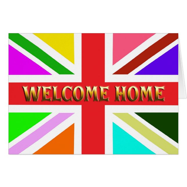 Welcome home card with a rainbow Union Jack (Front Horizontal)