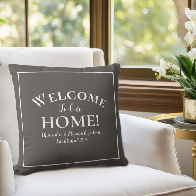 Welcome Home Custom Brown White Chic Calligraphy Cushion (Welcome Home Custom Brown White Chic Calligraphy Throw Pillow in chair)