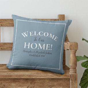 Welcome Home Custom Dusty Blue Calligraphy Chic Cushion