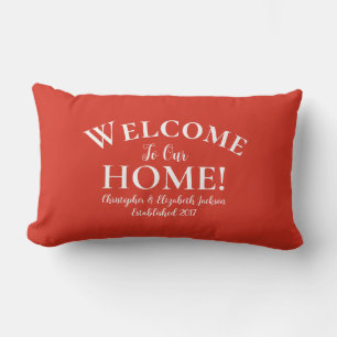 Welcome Home Custom Elegant Calligraphy Chic Red Lumbar Cushion