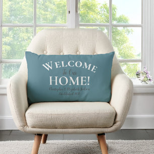 Welcome Home Custom Elegant Calligraphy Chic Teal Lumbar Cushion