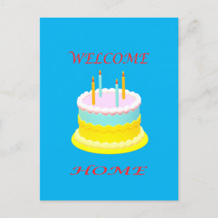 Welcome home deep marine blue with a cake          postcard