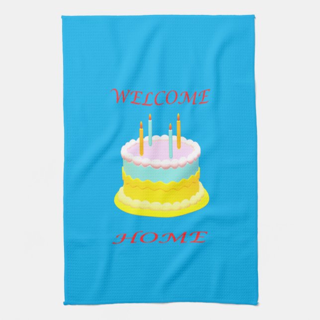 Welcome home deep marine blue with a cake      tea towel (Vertical)