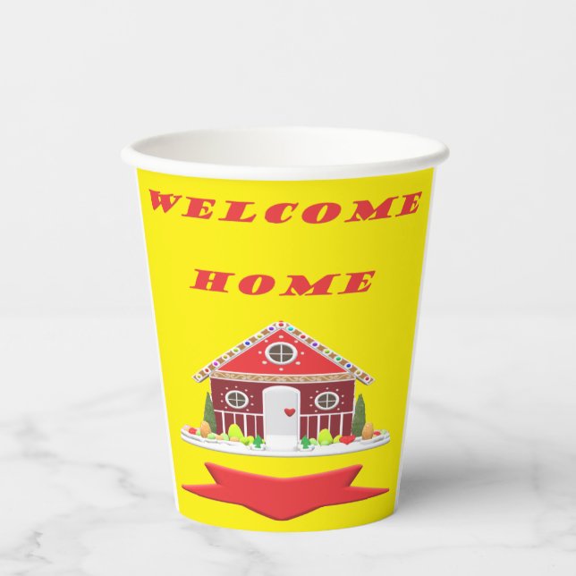 Welcome home design bright yellow and red picture  paper cups (Front)
