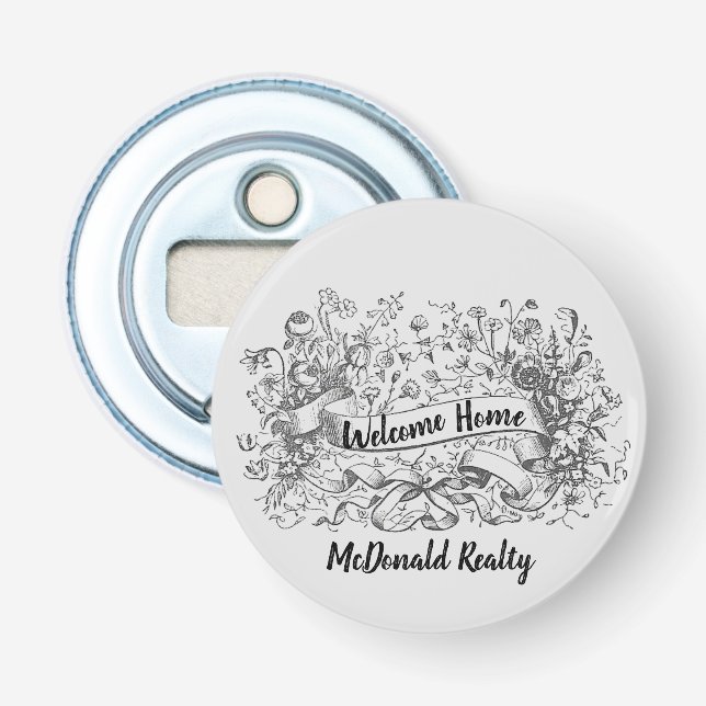 Welcome Home Floral Banner Realtor Promotional Bottle Opener (Front)