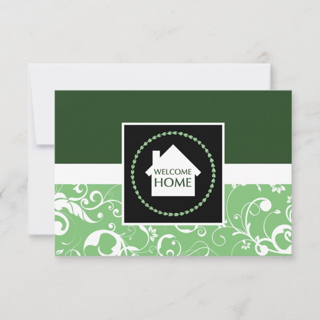 welcome home green damask invitation (Front)