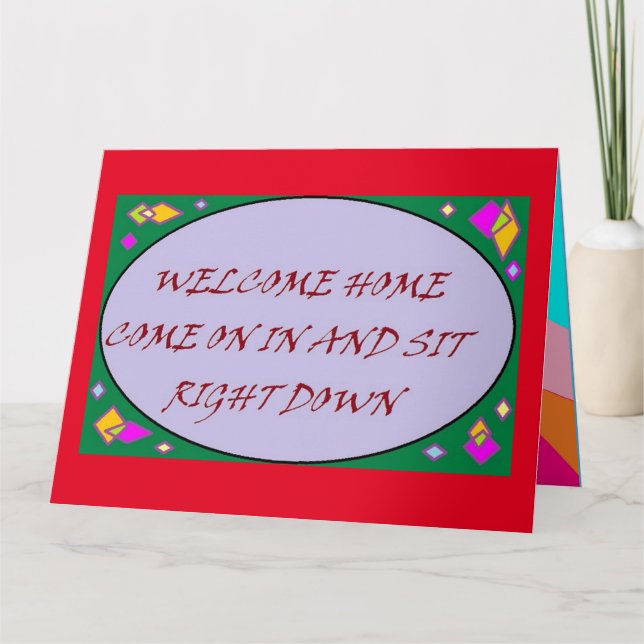 Welcome home greetings art design red purple card (Front)