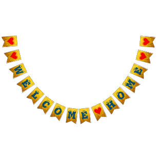 WELCOME HOME + hearts & golden style background Bunting