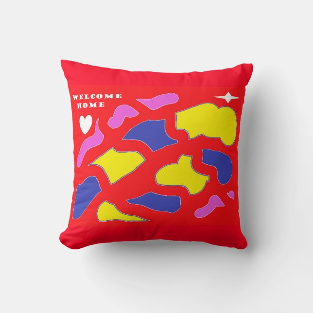 Welcome Home Message happy red with patterns  Cushion (Front)