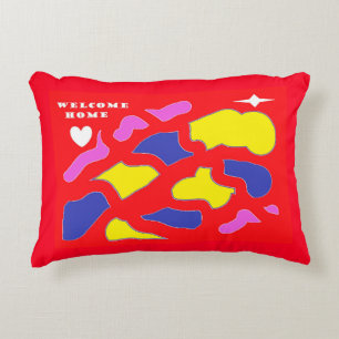 Welcome Home Message happy red with patterns  Decorative Cushion