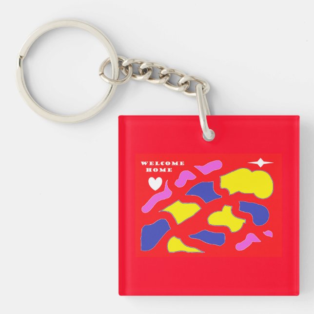 Welcome Home Message happy red with patterns  Key Ring (Front)