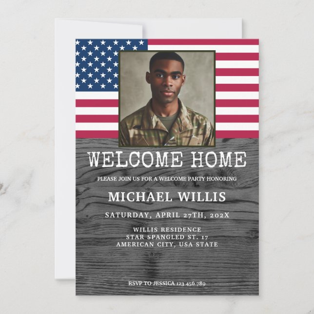 Welcome home party Soldier Custom Photo USA flag Invitation (Front)