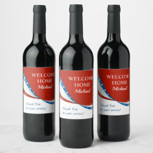 Welcome Home Personalised Red White and Blue Wine Label