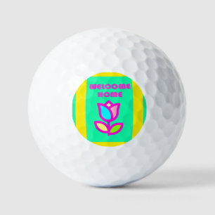 WELCOME HOME PURPLE AND YELLOW DESIGN GOLF BALLS