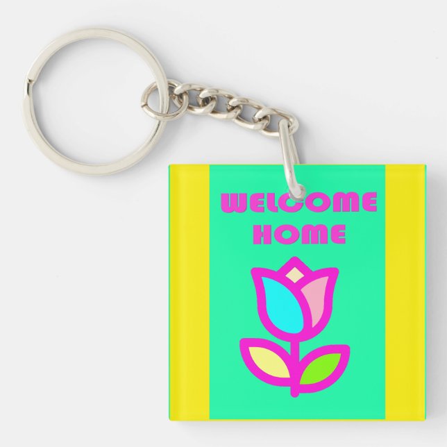 WELCOME HOME PURPLE AND YELLOW DESIGN     KEY RING (Front)