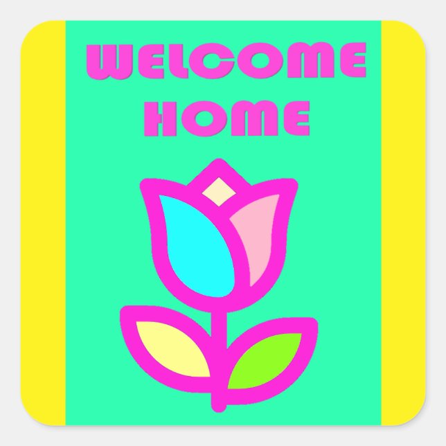 WELCOME HOME PURPLE AND YELLOW DESIGN        SQUARE STICKER (Front)