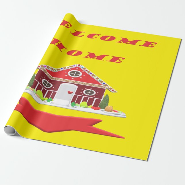 WELCOME HOME RED AND CANARY YELLOW DESIGN WRAPPING PAPER (Unrolled)