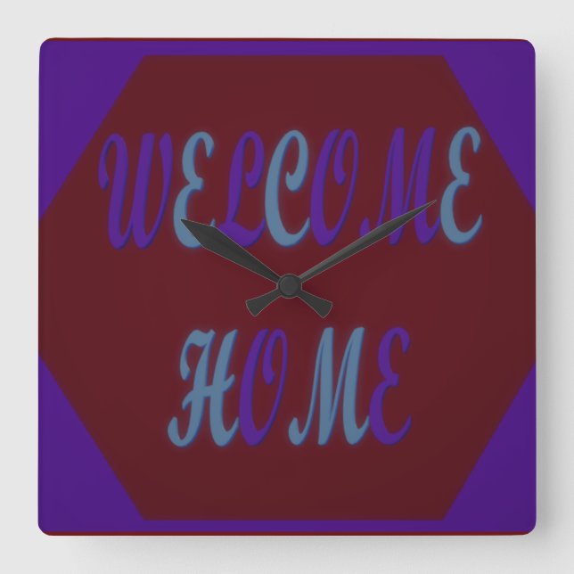 Welcome home red wine and royal blue coloured square wall clock (Front)