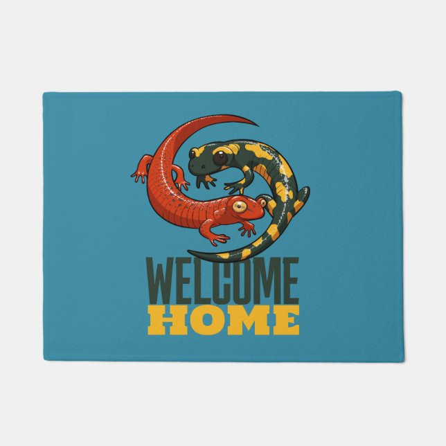 Welcome Home Smiling Salamanders Cartoon Doormat (Front)