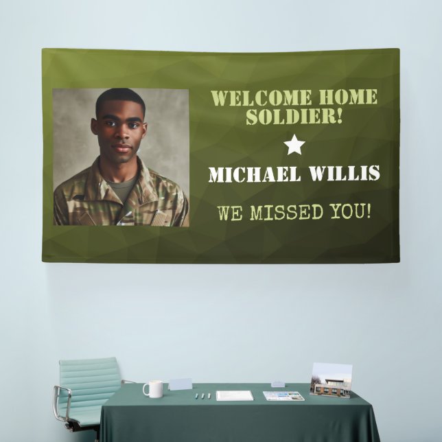  Welcome home Soldier Custom name Photo Army green Banner (Tradeshow)