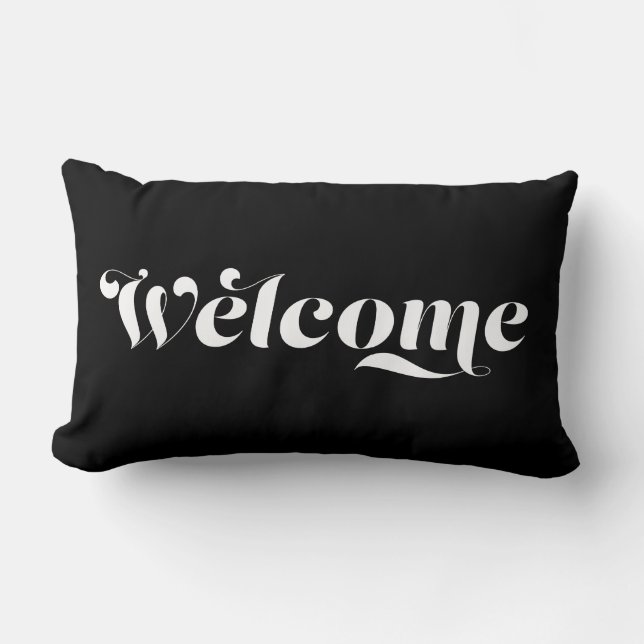 Welcome Home Stylish Calligraphy Black & White Lumbar Cushion (Front)