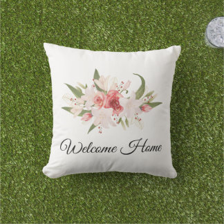 Welcome Home Watercolor Floral Design Outdoor Cushion