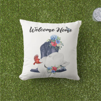 Welcome Home with Cowboy Boots/Hat & Flowers/Birds Cushion