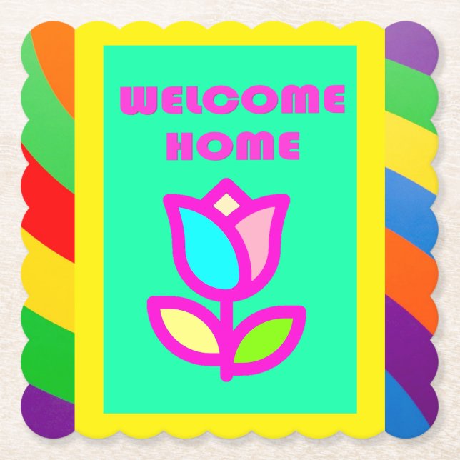 WELCOME HOME WITH STRIPES AND FLOWER PATTERN PAPER COASTER (Front)