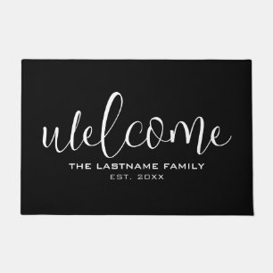 Welcome in Big Script with Family Name Black White Doormat