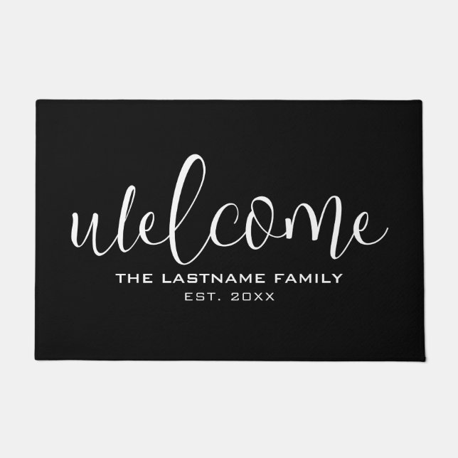 Welcome in Big Script with Family Name Black White Doormat (Front)