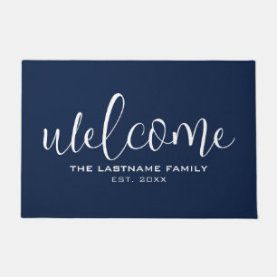 Welcome in Big Script with Family Name Navy Blue Doormat