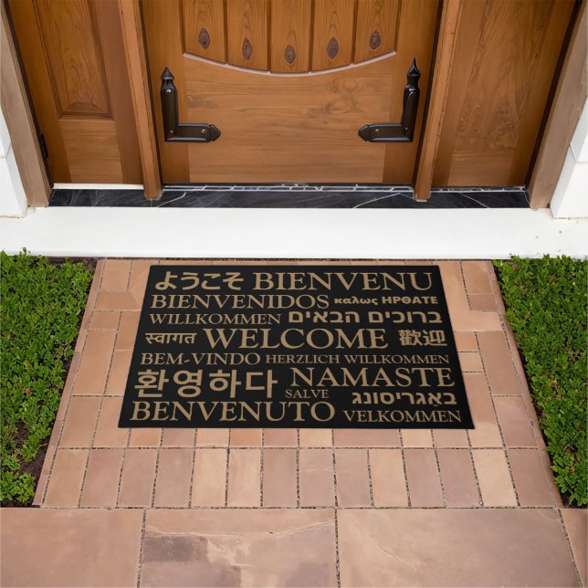 Welcome in different languages black gold elegant  doormat (Outdoor)