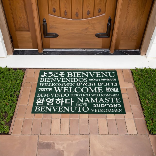 Welcome in different languages dark green elegant doormat (Outdoor)