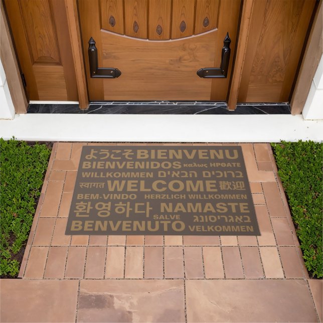 Welcome in different languages gold brown modern doormat (Outdoor)