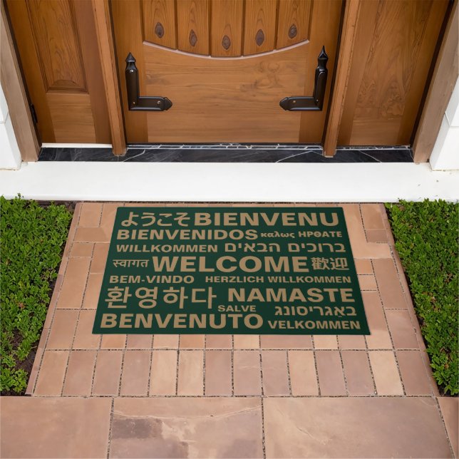 Welcome in different languages gold green modern  doormat (Outdoor)