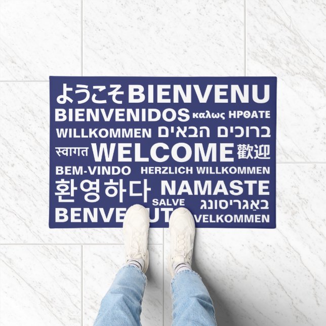 Welcome in different languages navy blue modern doormat (Indoor)