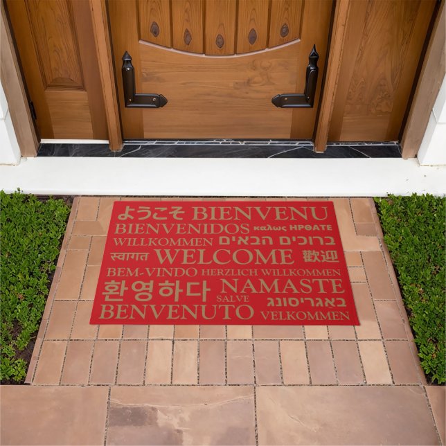 Welcome in different languages red gold elegant  doormat (Outdoor)