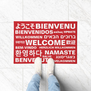 Welcome in different languages red white modern doormat