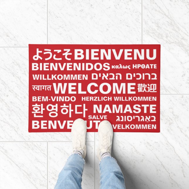 Welcome in different languages red white modern doormat (Indoor)