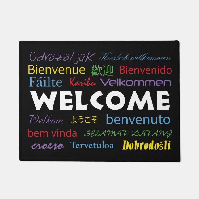 Welcome in Many Languages Black Background Doormat (Front)