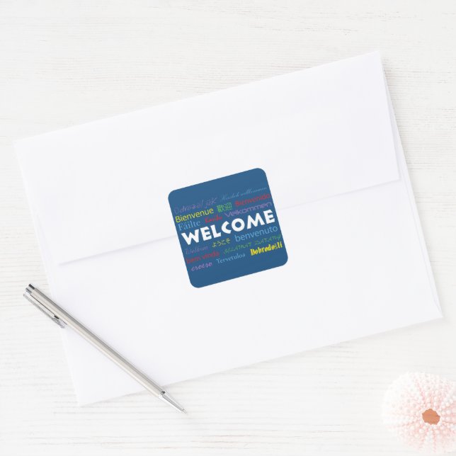 Welcome in Many Languages Colourful Blue Modern Square Sticker (Envelope)