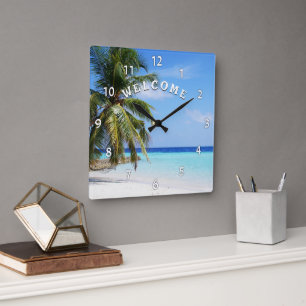 Welcome Island Beach Palm Tree Wall Clock