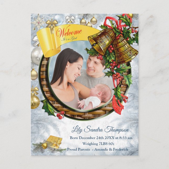 Welcome it's a Christmas Baby Girl Announcement Postcard (Front)