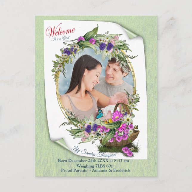 Welcome it's a Spring Baby Girl  Announcement Postcard (Front)