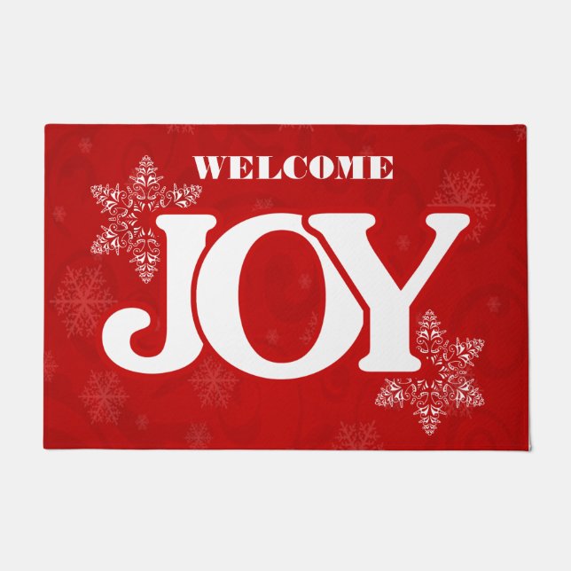 Welcome JOY on Elegant Red Christmas Doormat (Front)